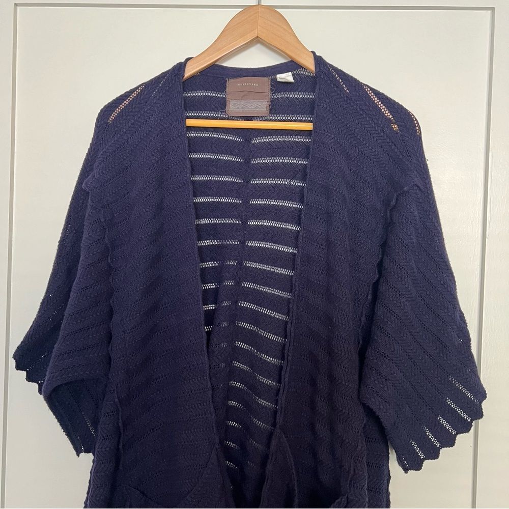 Anthropologie Guinevere Cardigan Sweater M Deep Blue Long Line Knit Open Front